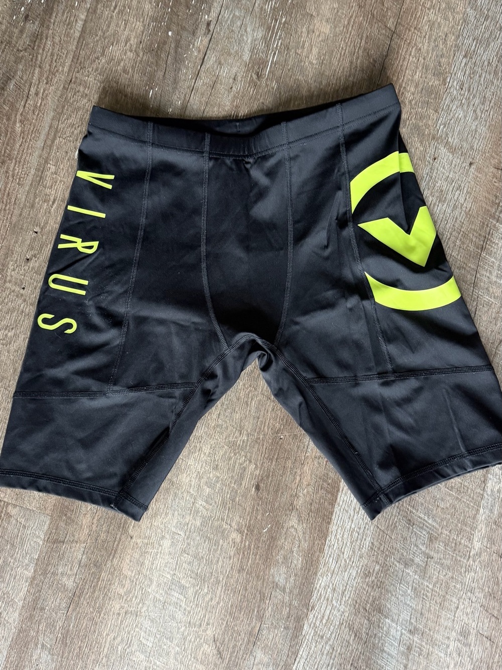 Virus Men's Black and Neon Yellow Athletic Compression Shorts
